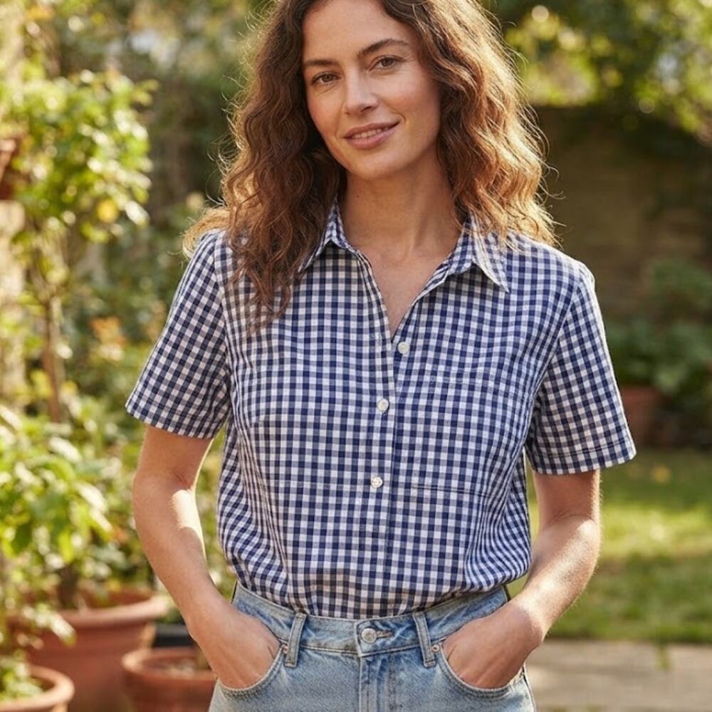 NWT L.L. Bean Seersucker Gingham Check Popover Blouse Size L Blue White Cotton